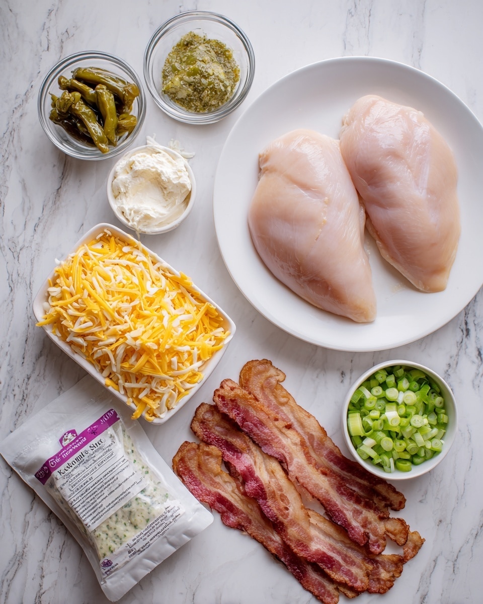 The image shows various ingredients laid out on a white marbled surface for making crockpot ranch chicken. There are two raw chicken breasts placed on a white plate positioned in the top right. To the left of the plate, there is a small clear bowl with green chiles, and next to it, a small bowl with cream cheese. Above the bowls, another small bowl holds shredded yellow cheese, while next to it is a white dish with chopped green onions. Below these, strips of crispy bacon are spread out on the marble surface. On the bottom left, there is a packet of ranch dressing mix partially opened. The overall layout is neat and organized, with all ingredients clearly visible and separated. Photo taken with an iphone --ar 4:5 --v 7
