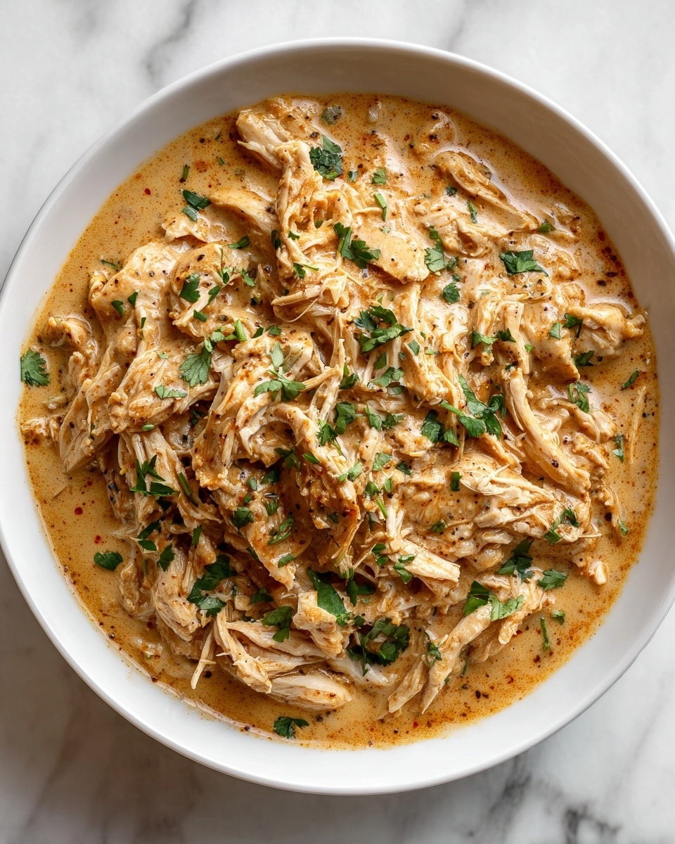 The image shows a close-up of a bowl filled with shredded chicken soaked in a creamy, light brown sauce, with visible specks of spices on top. The shredded chicken pieces vary in size and are mixed evenly with the thick sauce, giving a smooth and rich texture. Small green cilantro leaves are scattered throughout, adding a fresh contrast to the warm colors of the dish. The bowl is white, and it sits on a white marbled surface. The photo taken with an iphone --ar 4:5 --v 7