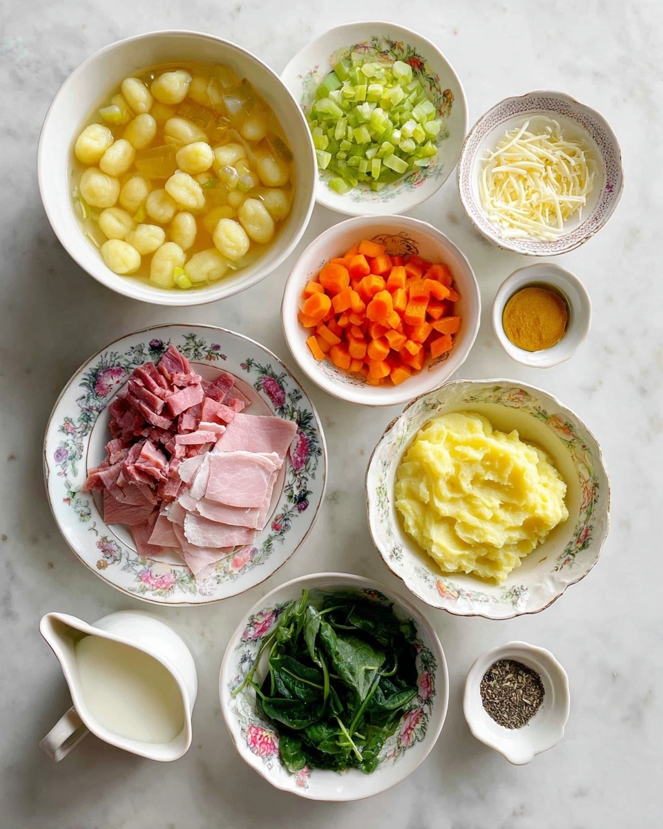 The image shows an overhead view of a white marbled surface with several white bowls and a small plate arranged neatly. One large white bowl holds small yellow gnocchi pieces, another large bowl contains chopped orange carrots and green celery mixed with minced garlic near the edge. A smaller floral white bowl has thin slices of pink cooked meat placed in layers. A small white cup holds some shredded cheese next to a pitcher filled with light yellow broth. Another small bowl contains creamy yellow mashed potatoes with fresh green spinach leaves beside it. A tiny white dish has ground black pepper, and a small glass of white milk sits near the bowls. The photo taken with an iphone --ar 4:5 --v 7
