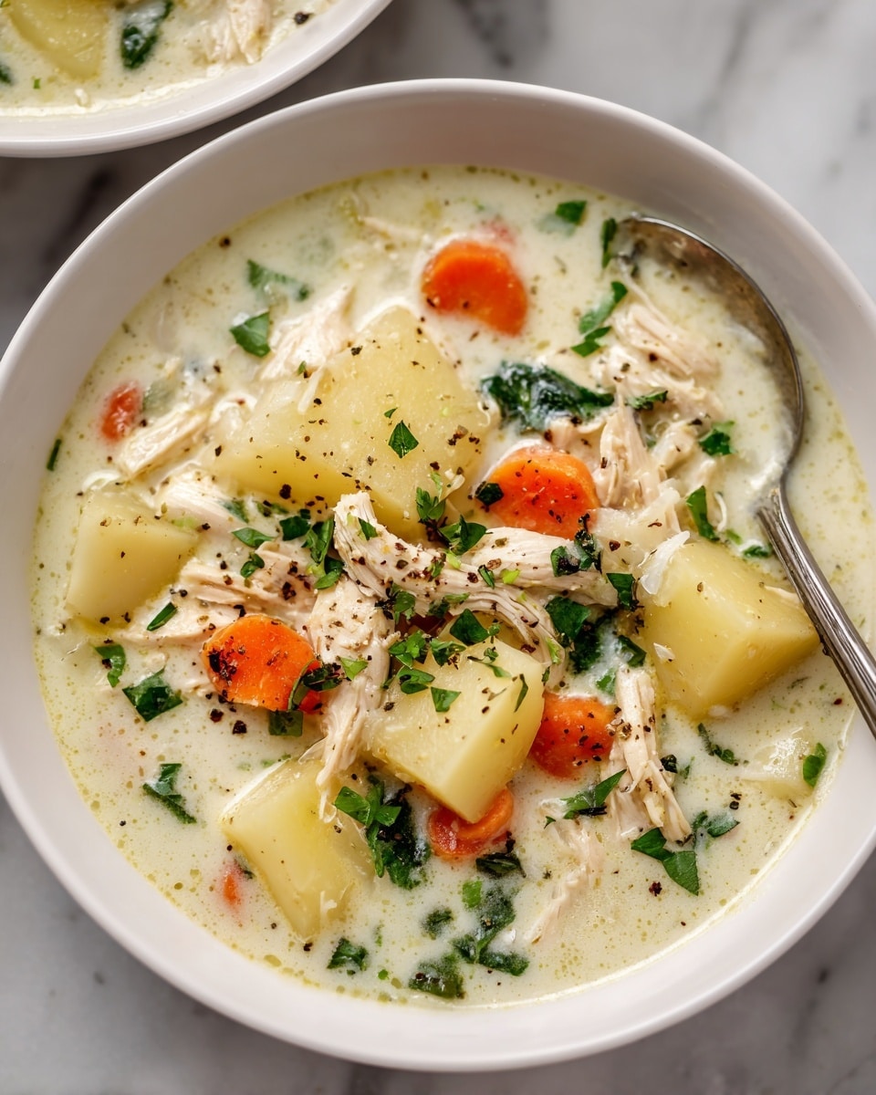 The image shows a white bowl filled with a creamy chicken soup placed on a white marbled surface. The soup has three clear layers: at the bottom, there are soft-looking chunks of light yellow potatoes and bright orange carrot pieces, both cooked and smooth in texture. The middle layer is made up of shredded, tender white chicken meat mixed evenly throughout. The top layer is a creamy white broth that looks rich and thick, garnished with small green spinach leaves and a sprinkle of black pepper and tiny green herbs. Photo taken with an iphone --ar 4:5 --v 7