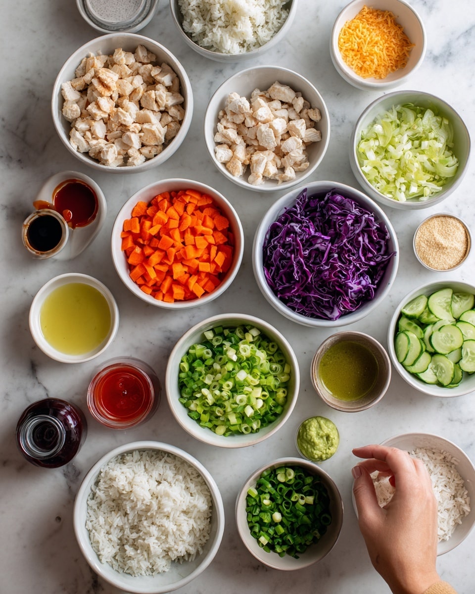 The image shows many small white bowls and jars arranged on a white marbled surface with cooking ingredients laid out neatly. There are about 16 containers in total, each holding a different ingredient: cooked rice, chicken chunks, diced carrots, sliced cucumbers, purple shredded cabbage, green onions, avocado oil, avocado mayo, hot sauce, sweet chili sauce, honey, garlic, seasoning, and tapioca starch. The colors vary from the light beige of cooked rice and chicken to the bright orange of carrots, deep purple of cabbage, and vibrant green of cucumbers, green onions, and avocado mayo. Three small jars contain sauces with different colors: red, orange, and light yellow. A woman’s hand is seen lightly touching one of the bowls, adding a natural touch. The arrangement is neat and organized on the white marbled surface, with the ingredients spaced evenly. Photo taken with an iphone --ar 4:5 --v 7
