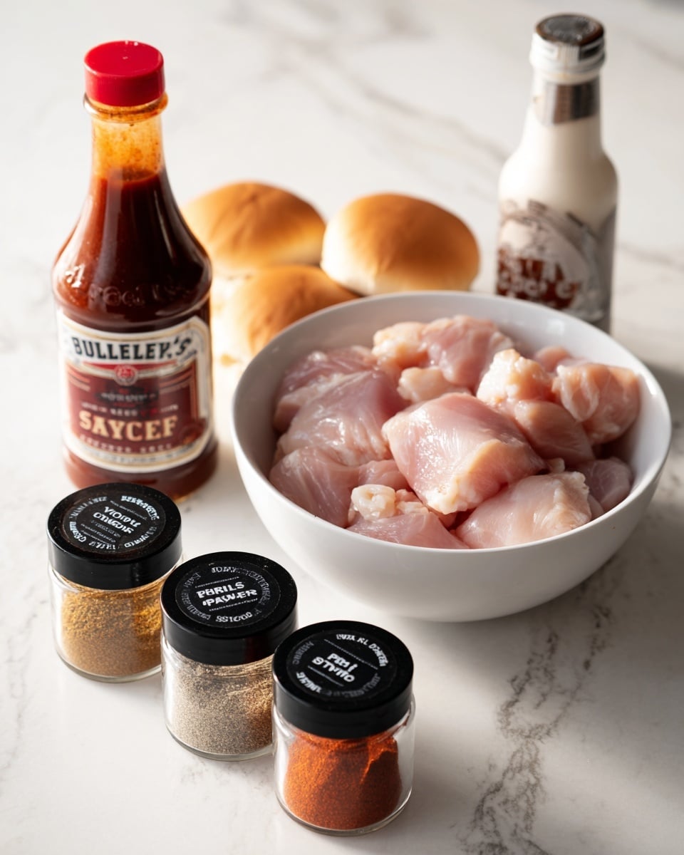The image shows a white bowl filled with raw chicken pieces placed on a white marbled surface. Next to the bowl, there are four clear spice jars with black lids, each labeled with different seasonings: garlic powder, chili powder, smoked paprika, and cayenne pepper. Surrounding the bowl are four soft hamburger buns. Behind the bowl, two bottles of sauces are visible: one is a dark brown bottle of Bullseye barbecue sauce, and the other is a tall white bottle of A1 steak sauce. The entire setup is arranged neatly on the white marbled surface. photo taken with an iphone --ar 4:5 --v 7