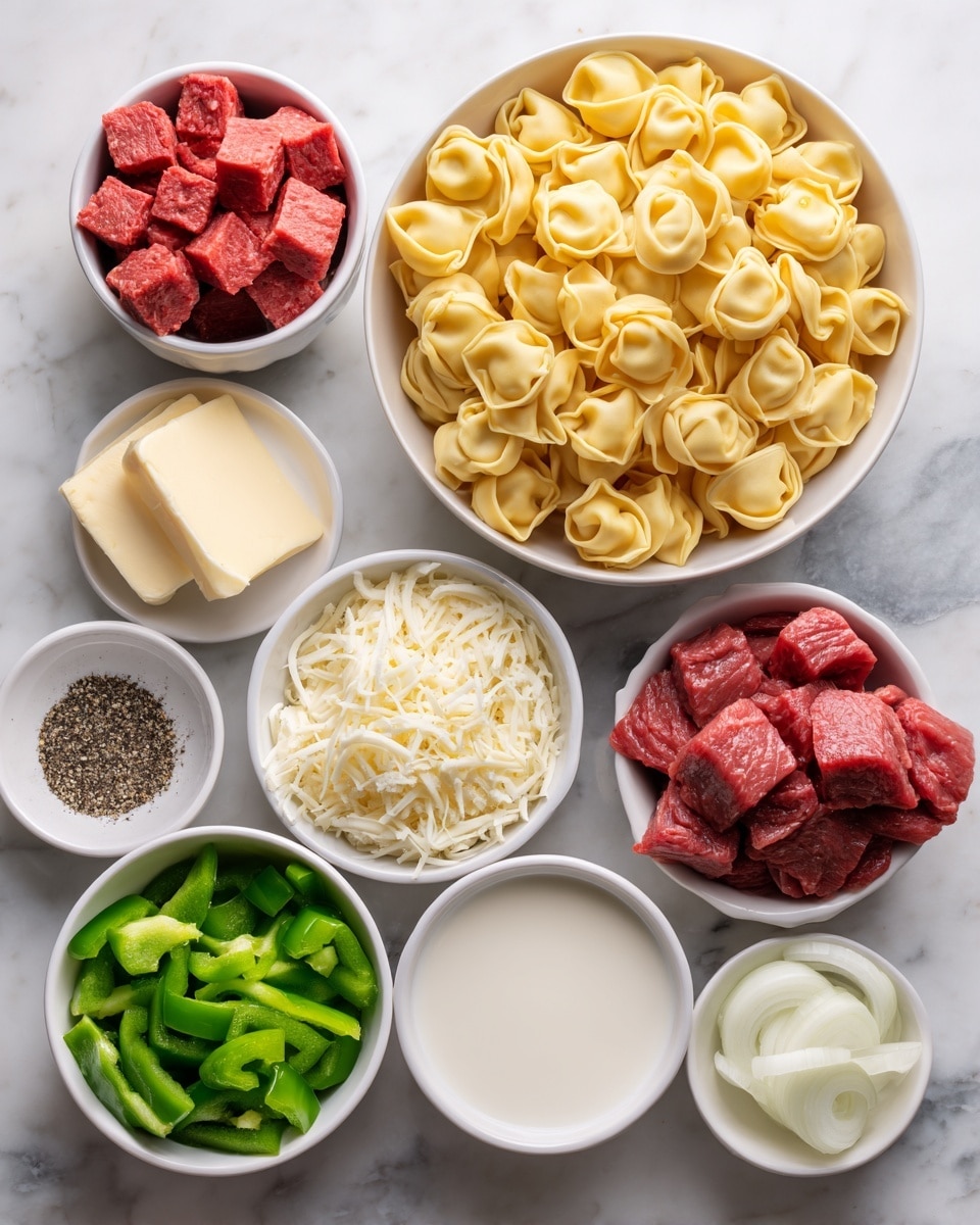The image shows a close-up view of a white bowl filled with seven distinct ingredients arranged in separate sections around the bowl. Starting from the top left, there is bright yellow corn with a slightly rough texture. To the right, chopped white onions with small square shapes and a smooth texture. On the top right, there are shiny black beans forming a dark cluster. Below the black beans, to the bottom right, there are diced orange bell peppers with a glossy surface. In the bottom center section, small pieces of raw pinkish chicken are present with a moist appearance. To the bottom left, chopped red tomatoes with a juicy look. In the center, there are several small piles of ground spices including brown, reddish brown, and white salt. The bowl sits on a white marbled surface. photo taken with an iphone --ar 4:5 --v 7