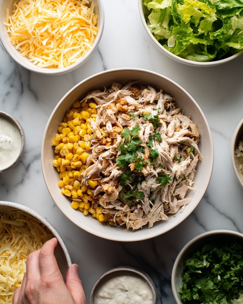 The image shows a bowl with white rice covering the bottom layer, topped with three main sections: one side has bright green fresh cilantro leaves, the middle section shows golden brown grilled pineapple chunks mixed with some green herbs, and the other side has dark brown shredded meat drizzled with a light beige sauce. There is a lime wedge placed on the rice near the edge of the bowl, and the bowl itself is dark textured stoneware, set against a white marbled surface. Photo taken with an iphone --ar 4:5 --v 7