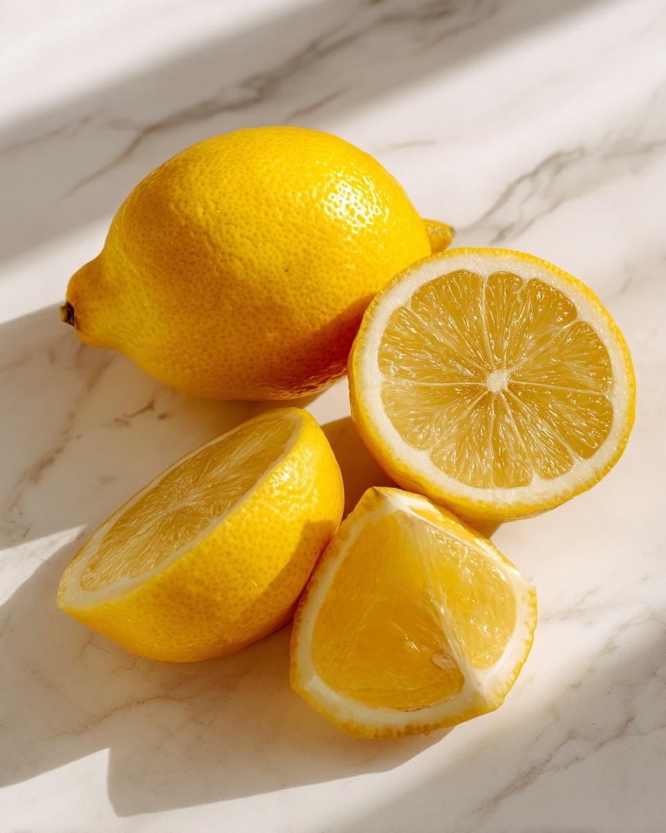 The image shows one whole bright yellow lemon with a shiny, textured skin, placed on a white marbled surface. Next to it are three lemon halves, each cut lengthwise, showing the translucent, juicy inner flesh with a pale yellow color and visible segments. The lemons cast soft shadows on the white marbled surface, adding depth to the image. The lighting highlights the glossy texture of the lemon skin and the moist interior of the cut pieces. photo taken with an iphone --ar 4:5 --v 7