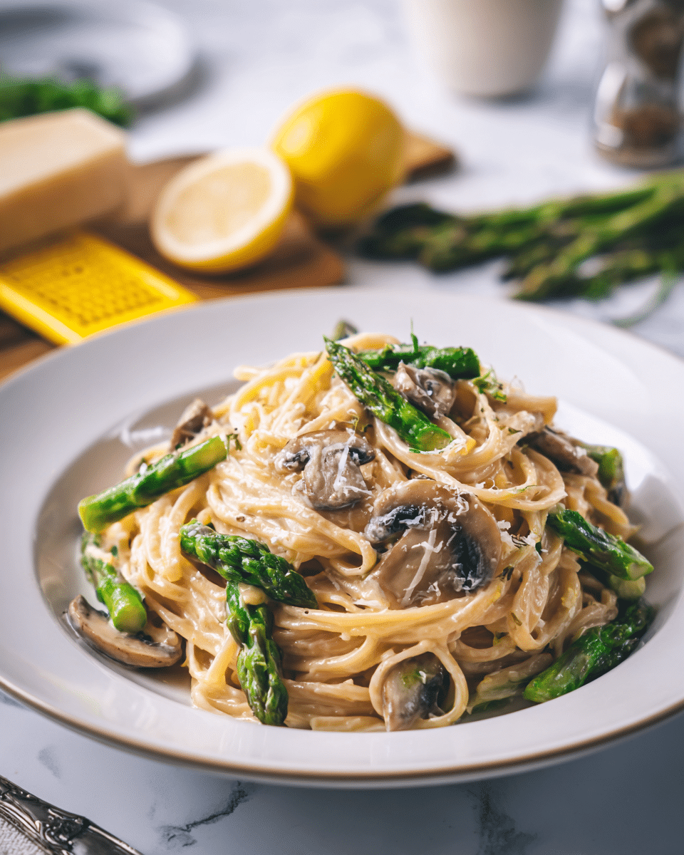 A white plate on a white marbled surface holds a serving of creamy pasta with visible layers of long noodles coated in a light beige sauce. Scattered through the pasta are green asparagus pieces and chunks of mushrooms, adding pops of green and brown colors and different textures. In the background, there is a wedge of lemon, a block of cheese on a yellow grater, and some green herbs, all softly blurred. Photo taken with an iphone --ar 4:5 --v 7