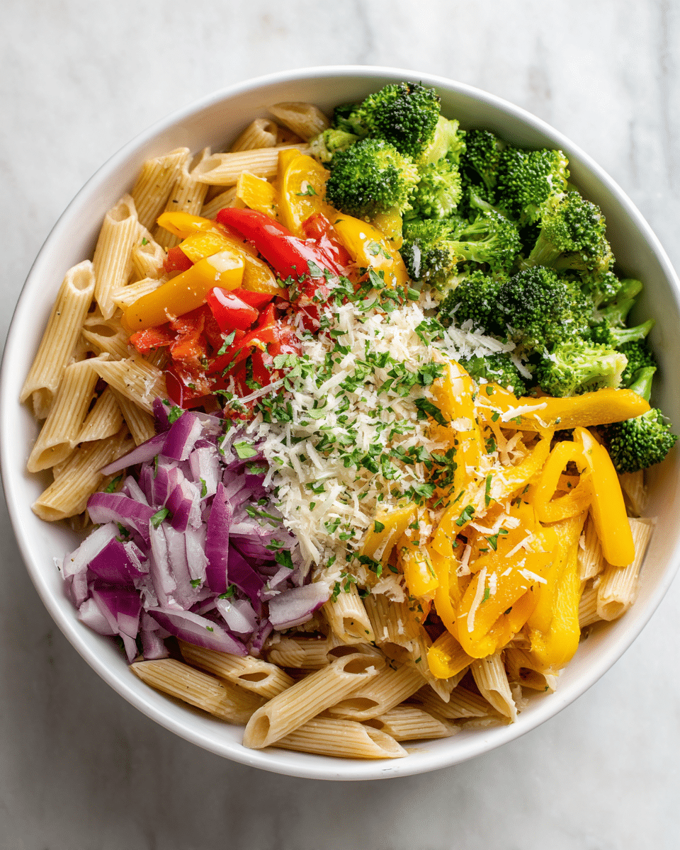 A white bowl filled with a colorful pasta salad showing three main layers: the bottom layer of light beige penne pasta, the middle layer of bright yellow and red bell pepper slices mixed with chopped red onion pieces, and the top layer of green broccoli florets sprinkled with fine white grated cheese and chopped green herbs, all resting on a white marbled surface. photo taken with an iphone --ar 4:5 --v 7