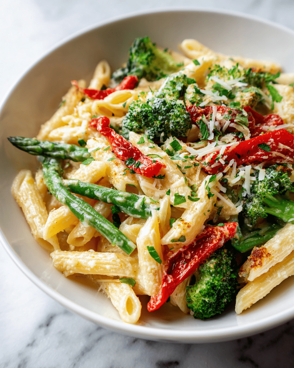 A black pan filled with three main layers: the base layer is cooked penne pasta in a creamy light yellow sauce, next layer includes green spinach leaves and slices of green zucchini mixed evenly, topped with bright red halved cherry tomatoes scattered throughout. The top layer is light grated cheese sprinkled over all ingredients, giving a slight texture contrast. The pan is placed on a white marbled surface. photo taken with an iphone --ar 4:5 --v 7