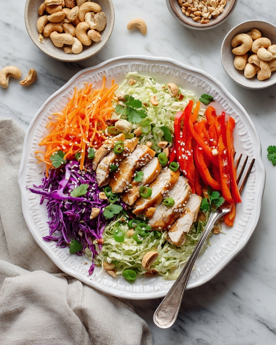 A white bowl filled with a salad showing three main layers; the bottom layer is green lettuce leaves with chopped pale green cucumber pieces and red onion bits, the middle layer is bright red cherry tomato halves and whole cherry tomatoes, and scattered light blue cheese crumbles, and the top layer is pieces of grilled chicken with a browned surface and crispy dark red bacon strips, all arranged evenly. The bowl sits on a white marbled surface with a blurred background showing two yellow lemons and a white bowl of creamy dressing with a spoon. Photo taken with an iphone --ar 4:5 --v 7