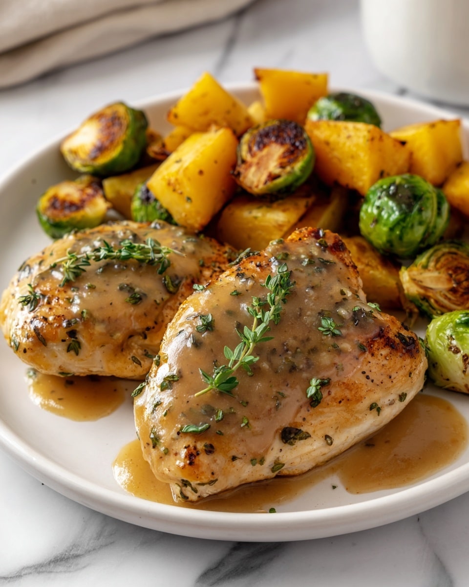 The white round plate holds a dish with two main parts: on one side, there are bright green Brussels sprouts, some whole and some opened to show their inner layers, mixed with small golden-orange cubes of roasted butternut squash, both showing a roasted texture with slight browning; on the other side, there are three pieces of sliced chicken covered in a shiny mustard-yellow mustard sauce speckled with whole mustard seeds and small green herb leaves scattered on top and around the food. The plate sits on a white marbled surface with a light beige cloth to the right side. A glass of water and a small white bowl filled with extra Brussels sprouts are partly visible at the top, and a small wooden-handled fork appears at the lower left corner photo taken with an iphone --ar 4:5 --v 7