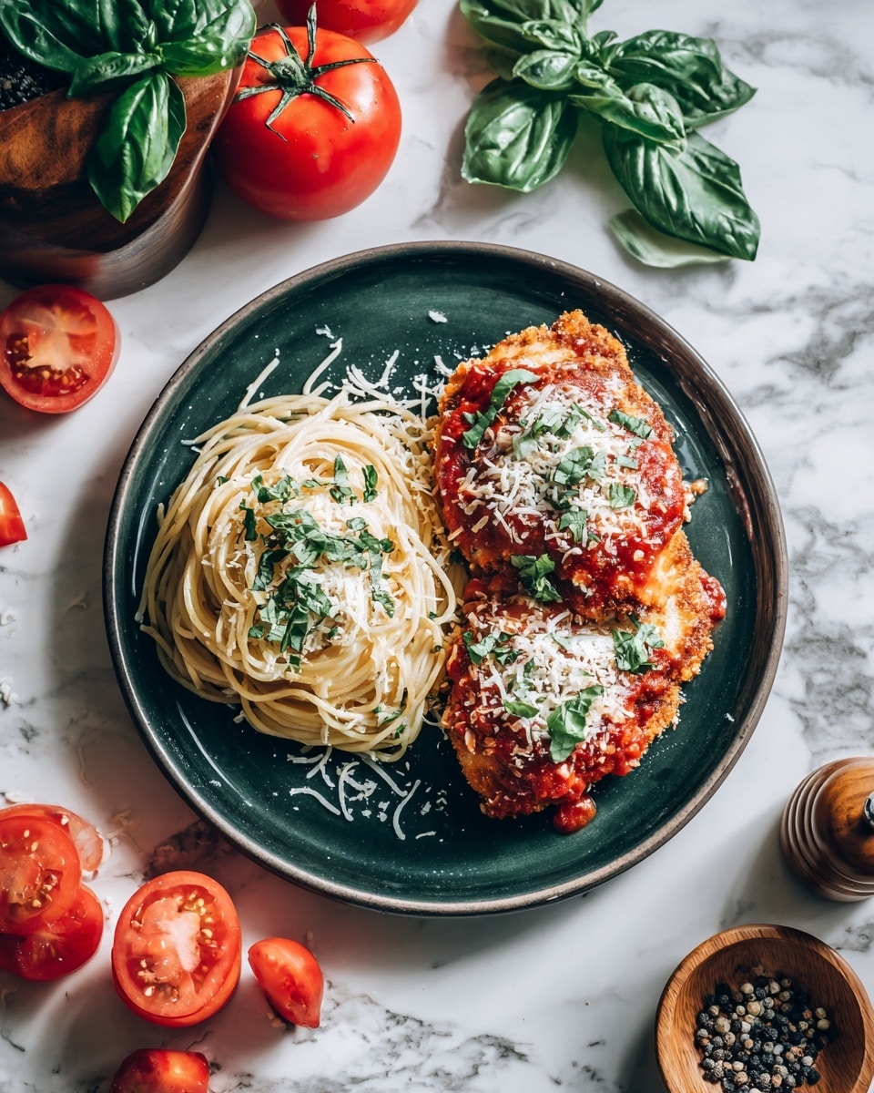 A white plate with two layers holds a smaller white plate on top, and on this top plate, there is a green plate filled with food. On the right side of the green plate is a piece of chicken covered with red tomato sauce, melted cheese, and sprinkled with white grated cheese and green basil leaves. On the left side, there is a neat bundle of cooked spaghetti mixed with small green herb pieces. The background shows a tomato, tomato slices, wooden bowls, pepper mills, and a green cloth on a white marbled surface. Photo taken with an iphone --ar 4:5 --v 7