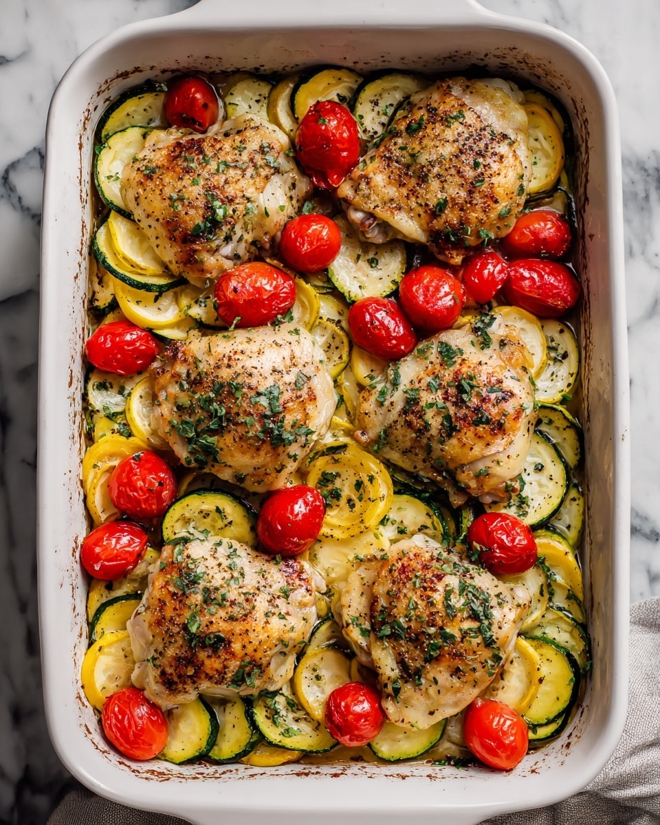 The dish shows a white oval baking dish filled with several layers. The bottom layer is green zucchini slices, arranged evenly across the dish. On top of the zucchini are several pieces of grilled chicken, light golden brown with some darker grill marks. Each chicken piece is topped with melted white cheese, looking soft and slightly browned in some spots. Bright red cherry tomatoes, some whole and some slightly softened, are placed on top of the cheese. The dish is sprinkled with green herbs and black pepper, adding texture and color, all against a white marbled surface background. photo taken with an iphone --ar 4:5 --v 7