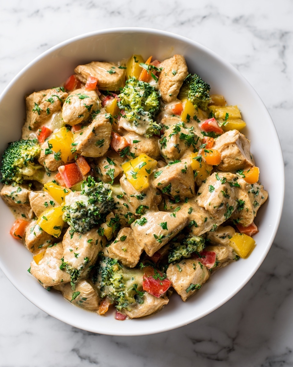 A close-up view of a white bowl filled with several pieces of golden brown chicken cubes, each with a slightly crisp texture and sprinkled with finely chopped green herbs. Around and between the chicken pieces are vibrant vegetable chunks: bright green broccoli florets, orange carrot cubes, and yellow and red bell pepper pieces, all sitting in a light creamy sauce with a smooth, slightly shiny surface that covers the bottom of the bowl. The dish looks warm and inviting with a rich voice of colors and texture contrasts. photo taken with an iphone --ar 4:5 --v 7