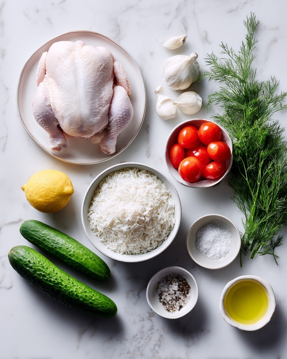The image shows raw ingredients arranged neatly on a white marbled surface, including one raw chicken piece on a white plate positioned on the left side. Next to it, there is a bowl of uncooked white rice, and nearby are fresh herbs like dill and a cucumber, all aligned vertically. On the right side, small bowls hold minced garlic, halved tomatoes, and lemon juice. There are two more small bowls with salt and pepper mix and olive oil placed toward the bottom right. Each ingredient is clearly visible, spaced evenly, and the colors contrast well with the white background, highlighting the fresh and natural look of the ingredients. Photo taken with an iphone --ar 4:5 --v 7