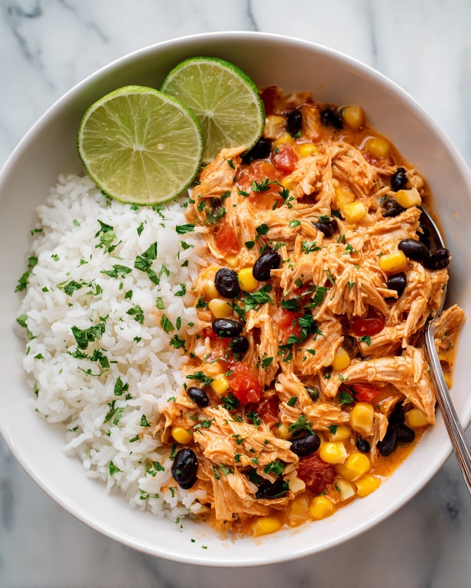 A white bowl filled with two layers: the bottom layer is white rice with a soft, fluffy texture, and the top layer is a creamy mixture of shredded pale orange chicken, black beans, yellow corn kernels, and small red tomato bits, all coated in a light orange sauce with a slightly thick texture. Two fresh green lime wedges rest on the top edge of the bowl, and small green parsley pieces are scattered lightly over the dish. A spoon is partially visible on the right side inside the bowl. The bowl sits on a white marbled surface. photo taken with an iphone --ar 4:5 --v 7