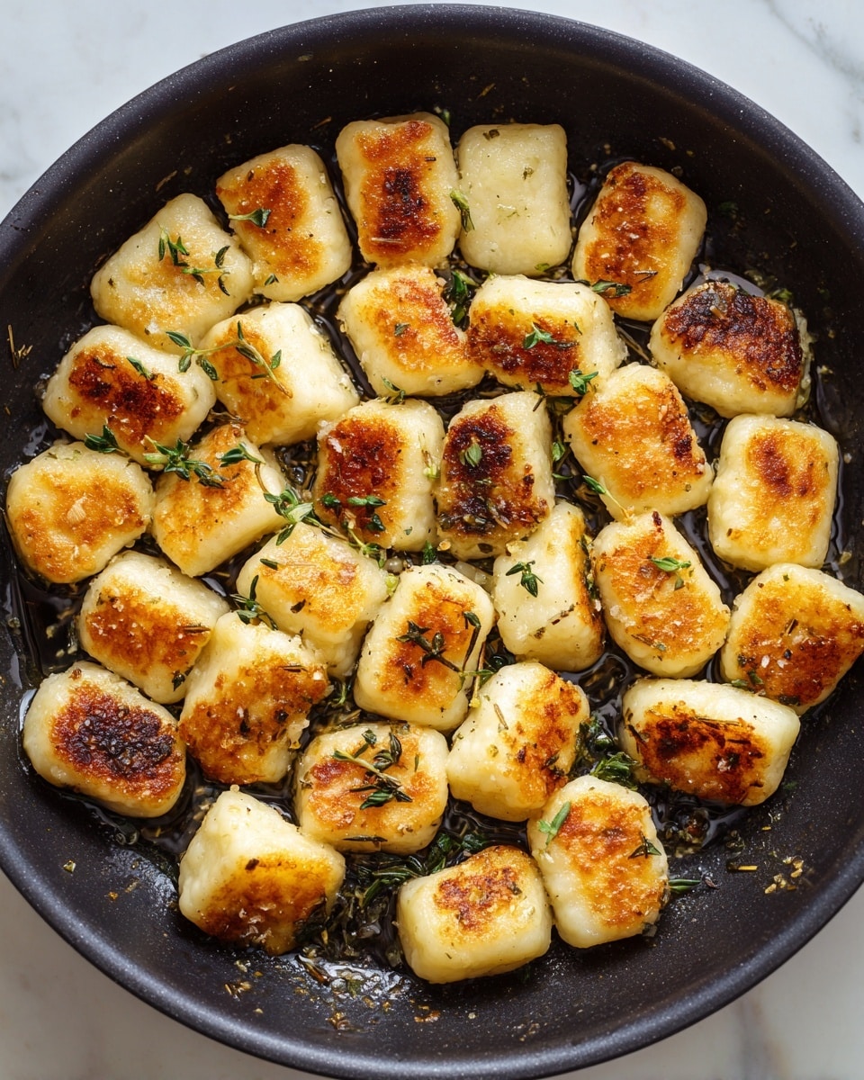 A black pan filled with about 26 browned gnocchi pieces, each golden with a slight crispy texture on top and soft white on the sides. Small green herb leaves, likely thyme, are scattered between the gnocchi, adding pops of green color. The pan has a shiny oily surface visible around the gnocchi. The background features a white marbled texture surface. Photo taken with an iphone --ar 4:5 --v 7