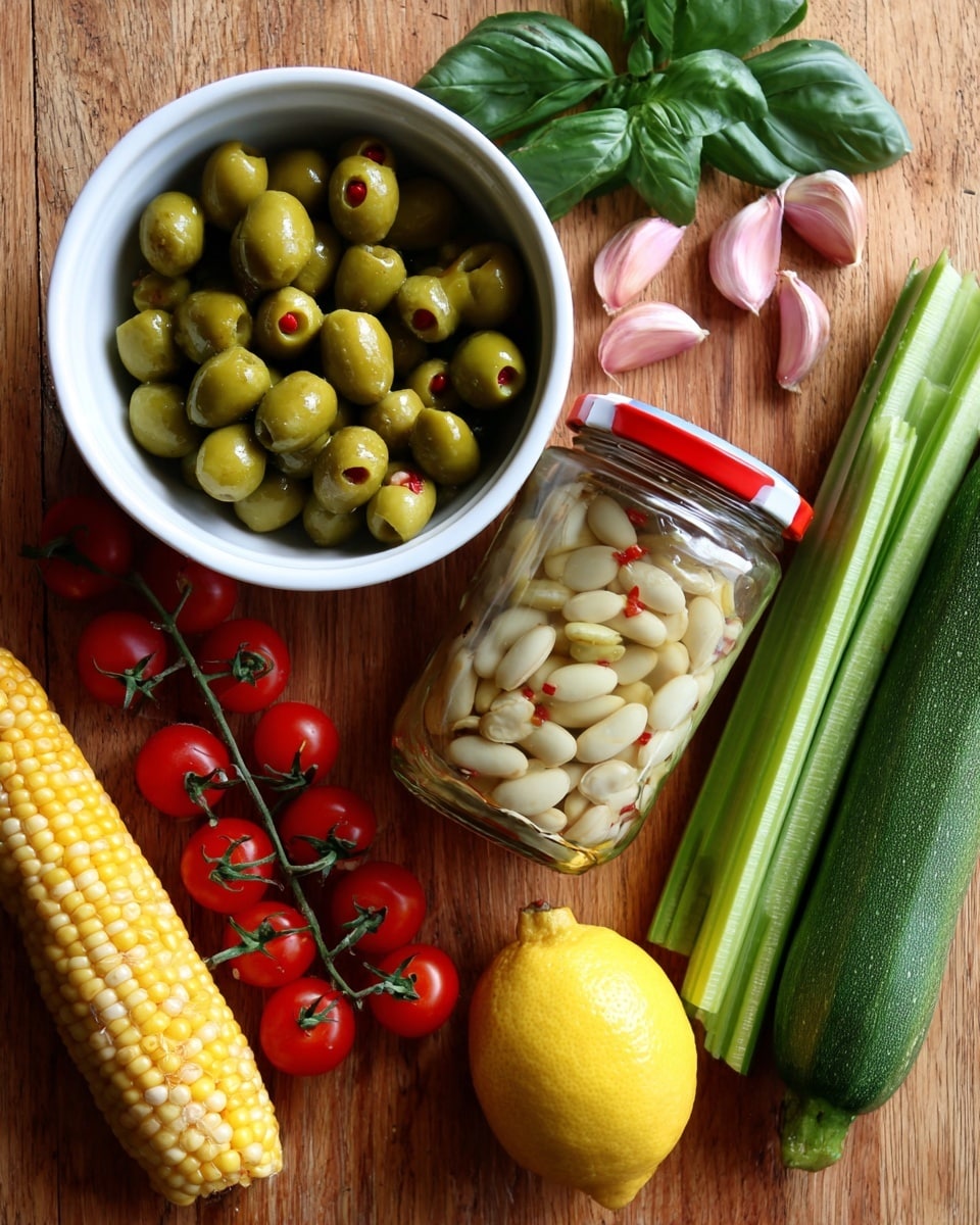 The image shows a white bowl filled with green olives with small red bits inside, placed on a wooden surface with a bunch of green basil leaves to the right and three pink garlic cloves to the left above it. Below the bowl, there is a glass jar with a red lid filled with white beans in liquid. To the left of the jar, a bunch of bright red cherry tomatoes on the vine is arranged vertically. To the right of the jar, there are four green celery sticks in a bundle next to a dark green zucchini standing upright. Below the jar and vegetables, there is a yellow ear of corn on the cob and a large yellow lemon placed on the wooden surface. photo taken with an iphone --ar 4:5 --v 7