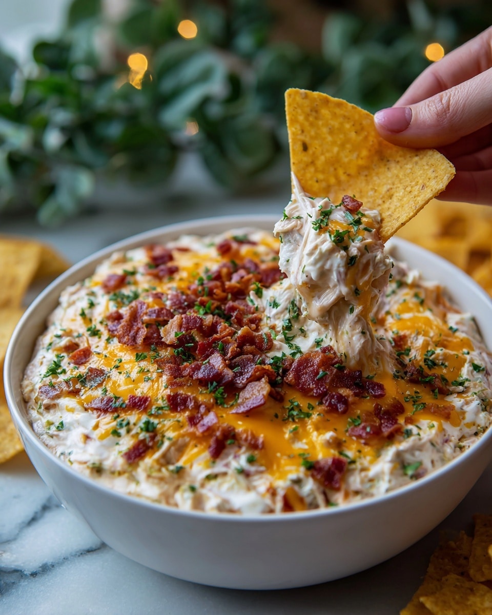 A close-up view of a white bowl filled with a creamy dip that has a thick, creamy white base mixed with shredded beige pieces, likely chicken. The dip is topped with melted orange cheese, small crispy dark red bacon bits, and sprinkled with chopped green herbs. A yellow, triangular tortilla chip held by a woman's hand is dipped into the creamy mixture, scooping up a generous amount of the dip. The background features a blurred setting with green plants on a white marbled surface. photo taken with an iphone --ar 4:5 --v 7