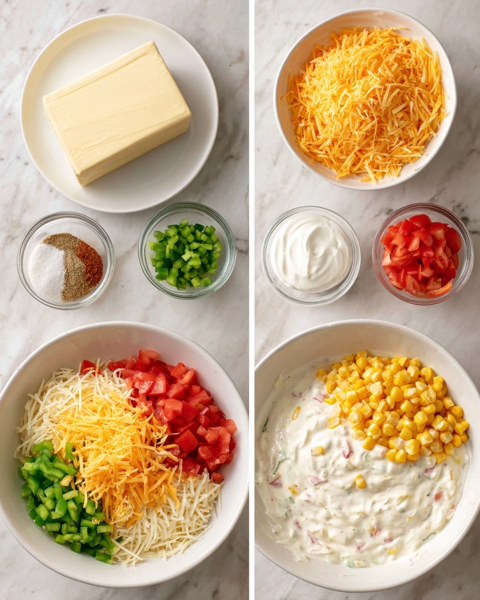 Three photos show the making of a creamy salad dip. The first photo displays separate ingredients on a white marbled surface: a block of cream cheese on a white plate, a bowl of yellow corn, diced red tomatoes in a bowl, shredded orange cheese in a bowl, chopped green peppers in a small bowl, a bowl of white sour cream, and a bowl of seasoning mix. The second photo shows a white bowl filled with layers of ingredients: at the bottom, white sour cream; above it, shredded orange cheese on the left side; diced green peppers on the left middle; diced red tomatoes on top left; yellow corn on top right; and a sprinkle of white creamy seasoning in the center. The third photo shows the salad fully mixed into a smooth creamy white mixture with small bits of red, yellow, and green evenly blended throughout, all in a white bowl. Photo taken with an iphone --ar 4:5 --v 7