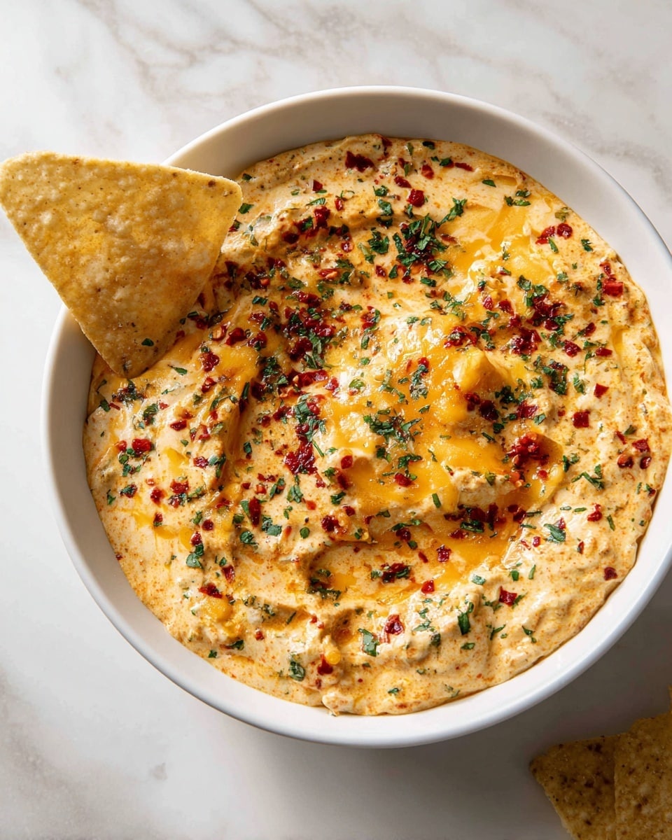 A white bowl filled with a creamy orange dip that has visible bits of herbs and red pepper flakes mixed in, giving it a textured look. The dip is topped with melted cheddar cheese and sprinkled with green herbs. A single triangular tortilla chip is dipped into the side of the bowl. The bowl is placed on a white marbled surface with soft natural light coming from the left. photo taken with an iphone --ar 4:5 --v 7