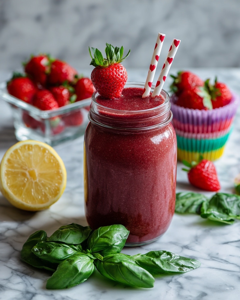 A clear glass jar filled with a thick, deep red smoothie sits on a white marbled surface; in front of the jar is a pile of green basil leaves topped with a single bright red strawberry and two white straws decorated with red hearts resting on the leaves. To the left, there is half a lemon showing its yellow flesh and seeds. Behind the lemon, a small clear square dish contains several fresh red strawberries with green tops. On the right side, colorful striped cupcake liners and green basil leaves add subtle color. Photo taken with an iphone --ar 4:5 --v 7