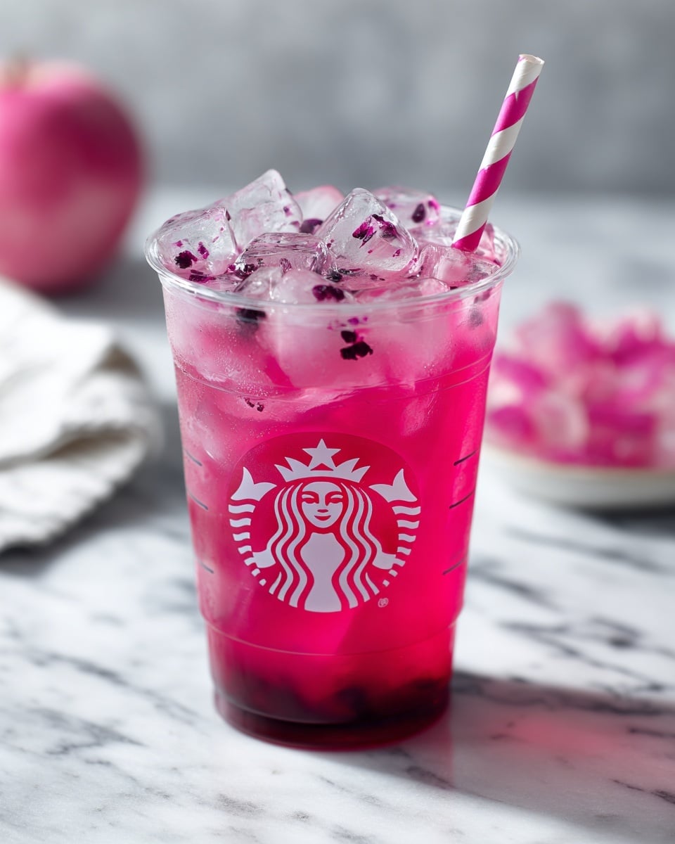 A clear plastic cup filled with bright pink drink topped with many clear ice cubes and small dark purple bits, with a pink and white striped straw placed inside. The cup has the Starbucks logo on the front, sitting on a white marbled surface with a blurred pink fruit in the background. The lighting is bright and soft, making the pink color of the drink very vivid. photo taken with an iphone --ar 4:5 --v 7
