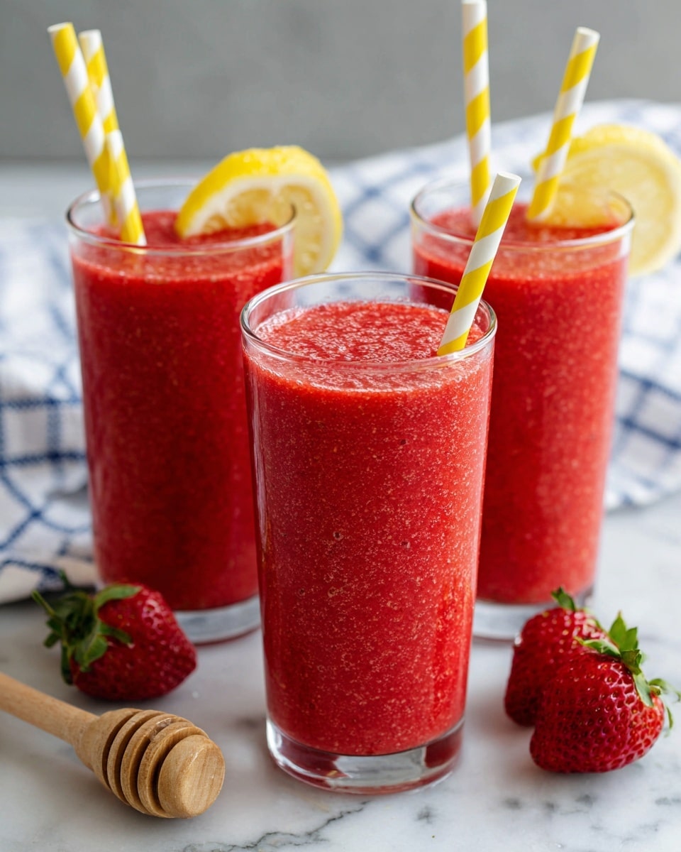 The image shows a clear mason jar filled with an orange drink. Inside the jar, a large red strawberry floats near the bottom, surrounded by the orange liquid. The drink has a smooth, slightly translucent texture with some condensation on the outside of the jar. The jar is placed on a white marbled surface, softly lit with a bright and airy background. In the background, there is another jar with a similar orange drink slightly blurred, and a white bowl with more fresh strawberries. The scene is simple and fresh, with warm natural light. Photo taken with an iphone --ar 4:5 --v 7