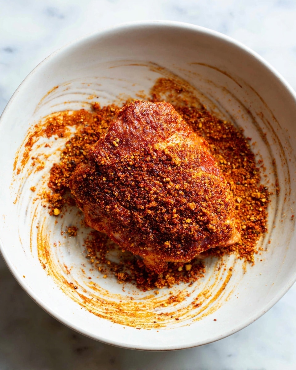 The image shows one piece of raw chicken coated in a thick layer of reddish-brown spice rub, placed in the center of a white bowl. The bowl's interior edges are smeared with the same spice mixture, creating streaks and spots of rich red and brown colors all around. The chicken itself is shiny and textured with a rough, grainy surface due to the spices. The background is a white marbled texture. photo taken with an iphone --ar 4:5 --v 7