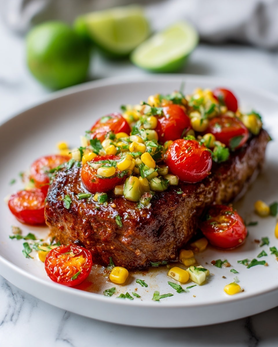 A cooked piece of meat with a brown, slightly charred surface sits on a white plate on a white marbled surface. On top, there is a colorful salsa with three layers: small yellow chunks of avocado, bright red cherry tomatoes cut into halves, and small pale white corn pieces all mixed with some green herbs. Around the plate, scattered bits of the salsa add extra color. In the blurry background, there are slices of green lime. The photo taken with an iphone --ar 4:5 --v 7