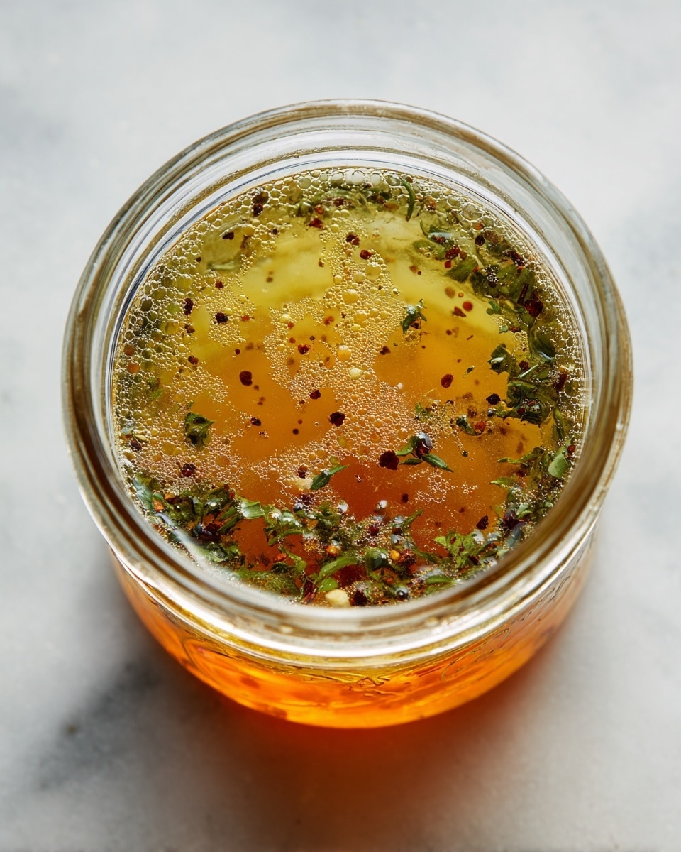 A clear glass jar filled with a liquid mixture showing two main layers; the bottom layer is an orange-colored liquid with a slightly oily texture, while the top layer contains small herbs and spices suspended in a light greenish-yellow liquid, giving it a speckled appearance with visible bubbles and foam on the surface. The jar is placed on a white marbled surface, and the photo is taken from above, giving a clear view inside the jar. photo taken with an iphone --ar 4:5 --v 7