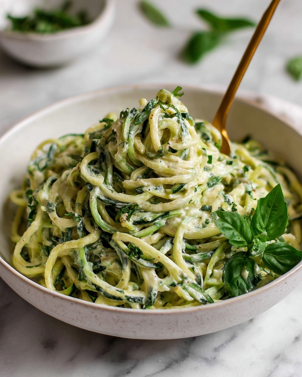 The image shows a white bowl filled with green zucchini noodles coated in a creamy sauce. The noodles form a thick, twisted mound with some strands lifted by a gold fork, creating a sense of motion. The sauce gives the noodles a smooth, slightly shiny texture with visible leafy green bits mixed throughout. There is a fresh green basil leaf garnish on the right side of the bowl. The scene is set on a white marbled surface, with another white bowl blurred in the background and a few basil leaves scattered around. photo taken with an iphone --ar 4:5 --v 7