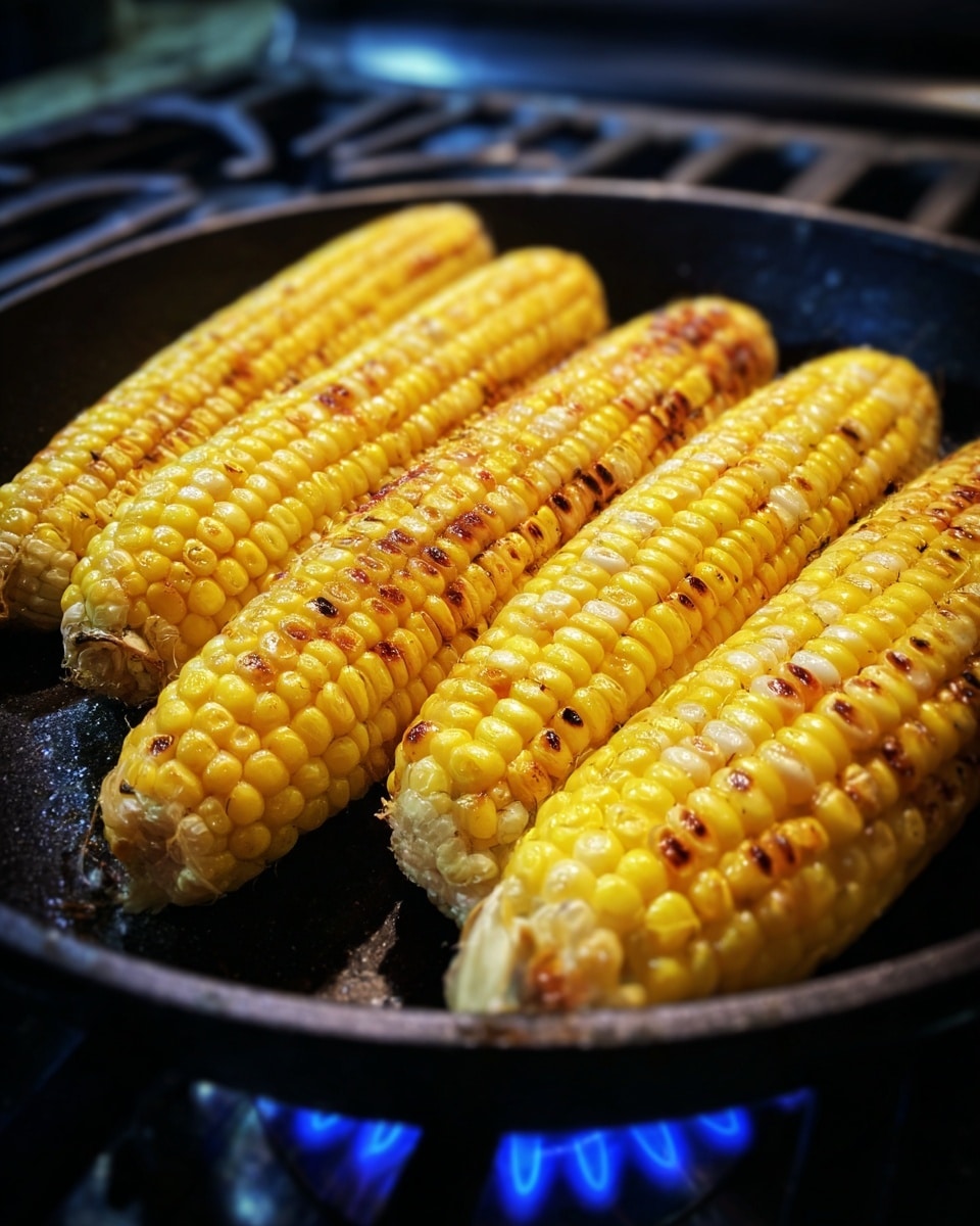 Five ears of yellow and white corn are lined up side by side inside a black pan. Each ear has small brown grilled spots scattered over its surface, showing they are roasting. The pan sits on a stove with blue flames visible beneath it. The background has a soft focus with dark stove grates. photo taken with an iphone --ar 4:5 --v 7
