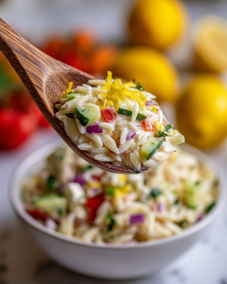 A wooden spoon holds a mix of orzo pasta salad with three visible layers: the first layer is creamy white orzo pasta with small bits of green cucumber pieces, red bell pepper cubes, and purple onion chunks; the second layer shows small white cheese crumbles and some fresh green herbs scattered around; the third layer includes yellow lemon zest slices spread on top. The spoon is placed above a white bowl filled with the same salad, all set on a white marbled surface with blurred yellow lemons and red tomatoes in the background. photo taken with an iphone --ar 4:5 --v 7