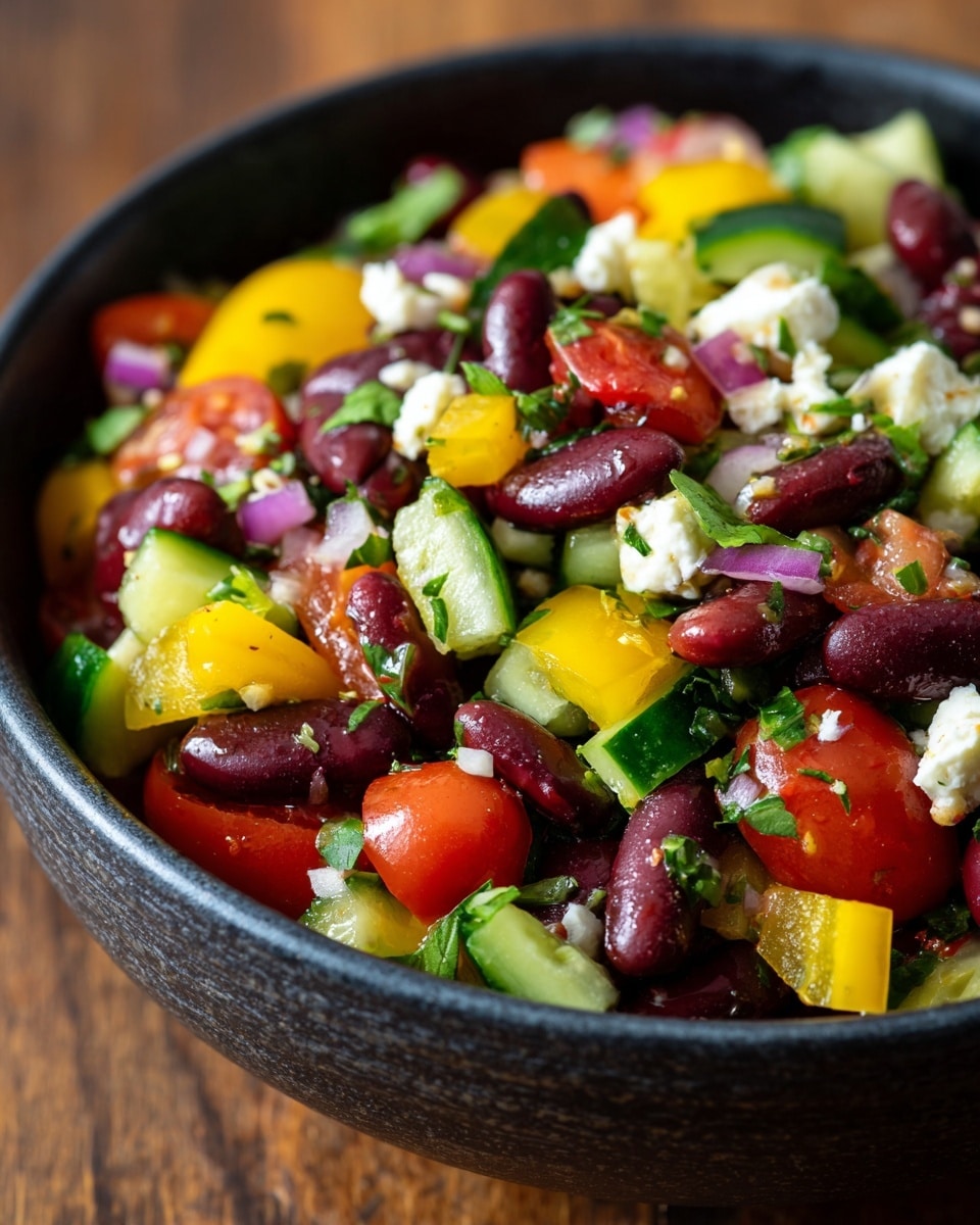 A close-up view of a deep black bowl filled with a colorful bean salad on a wooden surface, showing layers of dark red kidney beans, light brown beans, diced yellow bell peppers, chopped cucumber, small halved red cherry tomatoes, and small pieces of white cheese scattered throughout. Tiny bits of fresh green herbs and small pieces of purple onion add color contrast and texture across all layers. The salad looks fresh and mixed, with a soft focus kitchen scene blurred in the background. photo taken with an iphone --ar 4:5 --v 7