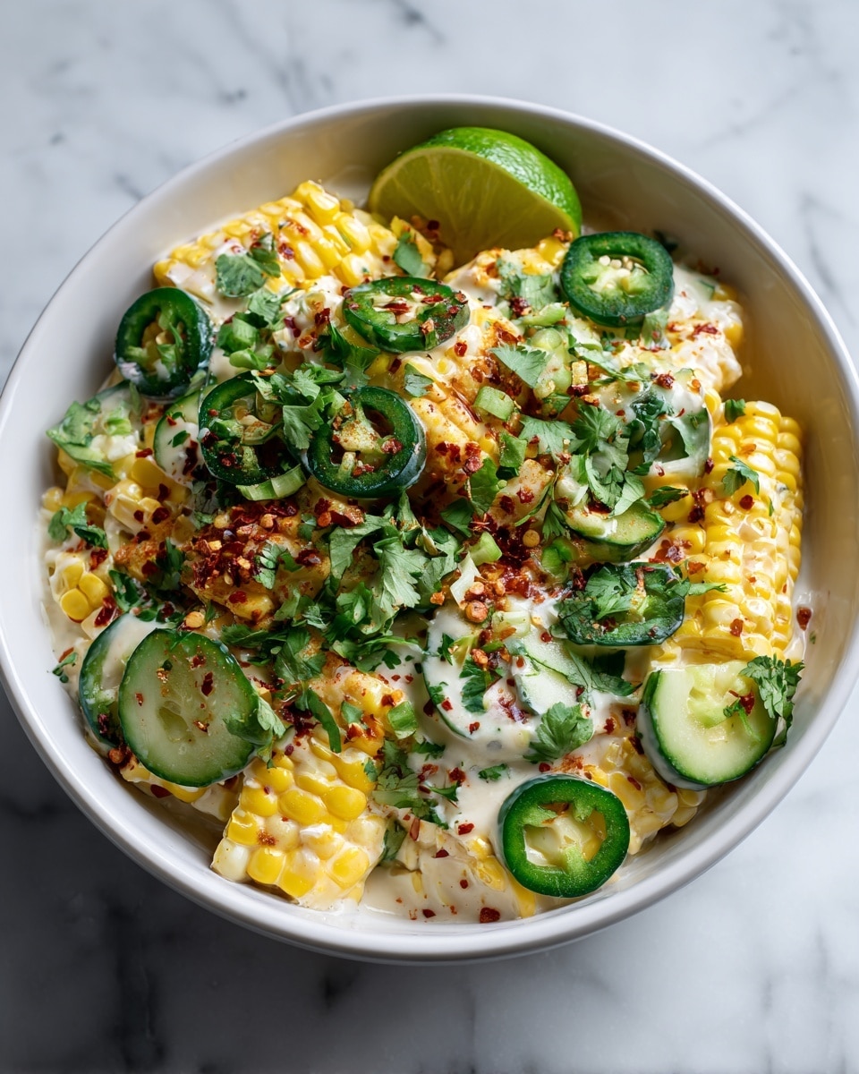 The image shows a white bowl filled with a colorful corn salad. There are three main layers: at the bottom, bright yellow corn slices with visible kernels; on top, a creamy white sauce covers most of the corn and has a smooth texture; scattered on the creamy surface are dark green slices of jalapeño peppers and cucumber rounds, adding freshness. The whole dish is sprinkled with red chili flakes and fresh green herbs like cilantro, making it look spicy and vibrant. A lime wedge is placed on the edge of the bowl. The background is a white marbled surface. photo taken with an iphone --ar 4:5 --v 7