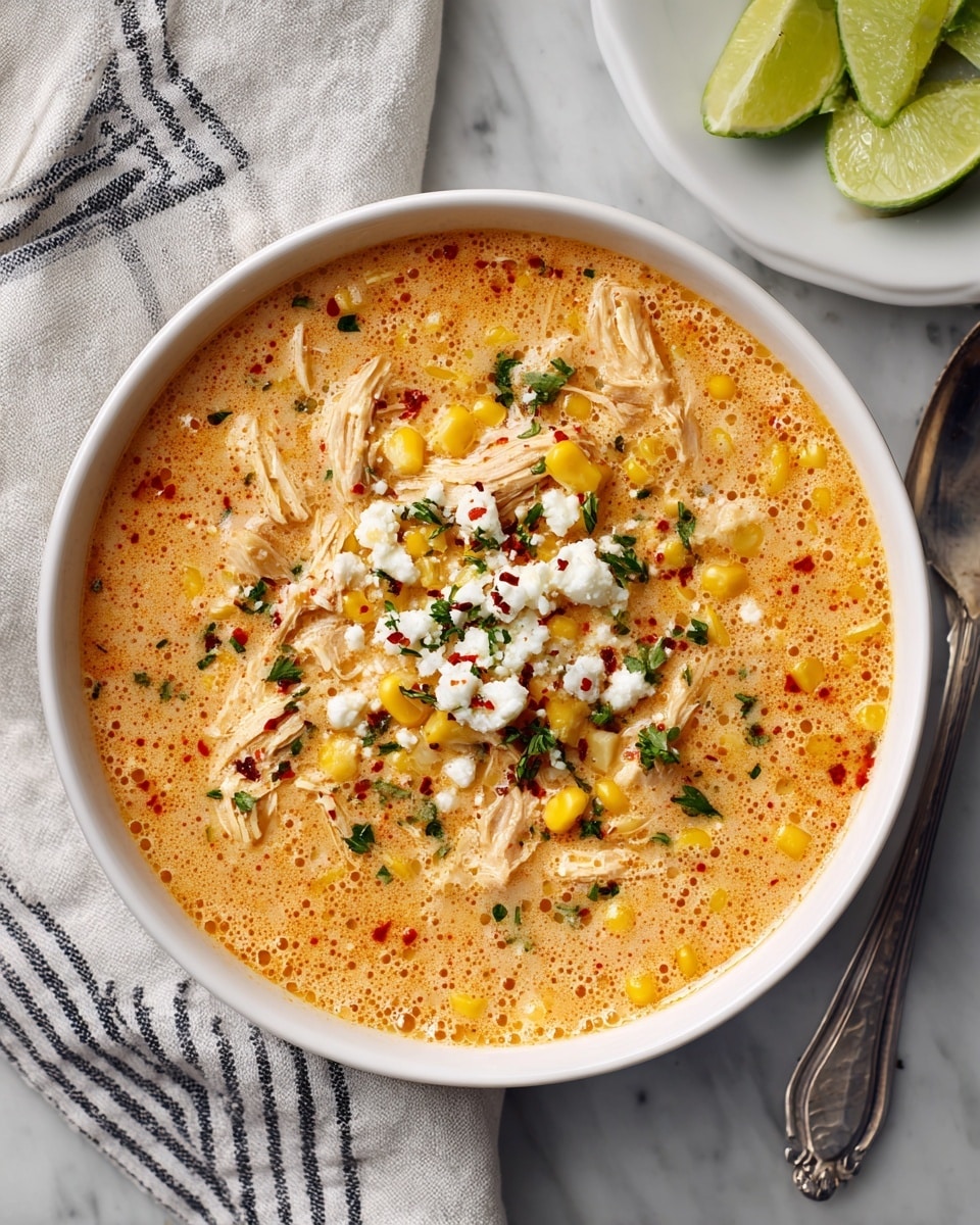 The dish shows a white bowl filled with a creamy light orange soup that has a slightly thick texture, dotted with small bubbles. Inside the soup are yellow corn kernels and shredded white meat pieces spread evenly. On top, there is a pile of crumbled white cheese, sprinkled with finely chopped green herbs and red chili flakes, adding color contrast. The bowl sits on a striped cloth with a silver spoon nearby, and a white plate with lime wedges is partially visible to the side, all placed on a white marbled surface. Photo taken with an iphone --ar 4:5 --v 7
