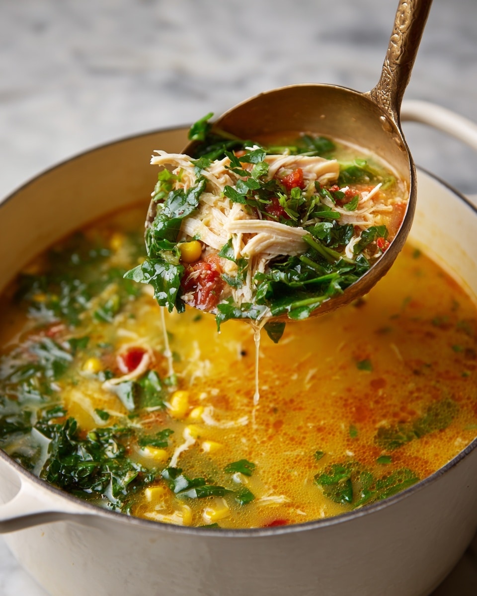 A white speckled bowl filled with a warm mixed soup showing several layers: a creamy light orange broth base, scattered shredded white chicken, small yellow corn kernels, dark green pieces of pepper, and small red chili bits. On top of the soup, thinly sliced round radish pieces, a couple of bright green jalapeño slices, and a thin lime slice rest on the right side of the bowl, with fresh green cilantro sprinkled lightly across the top. A golden spoon is lifting a spoonful of the soup, revealing more chunky vegetables inside. Nearby, a small round copper dish holds more sliced jalapeños, and a rustic white cloth with black lines lays partially visible. The surface is white marble, and fresh cilantro leaves and a wooden bowl of sliced radishes add to the scene. Photo taken with an iphone --ar 4:5 --v 7