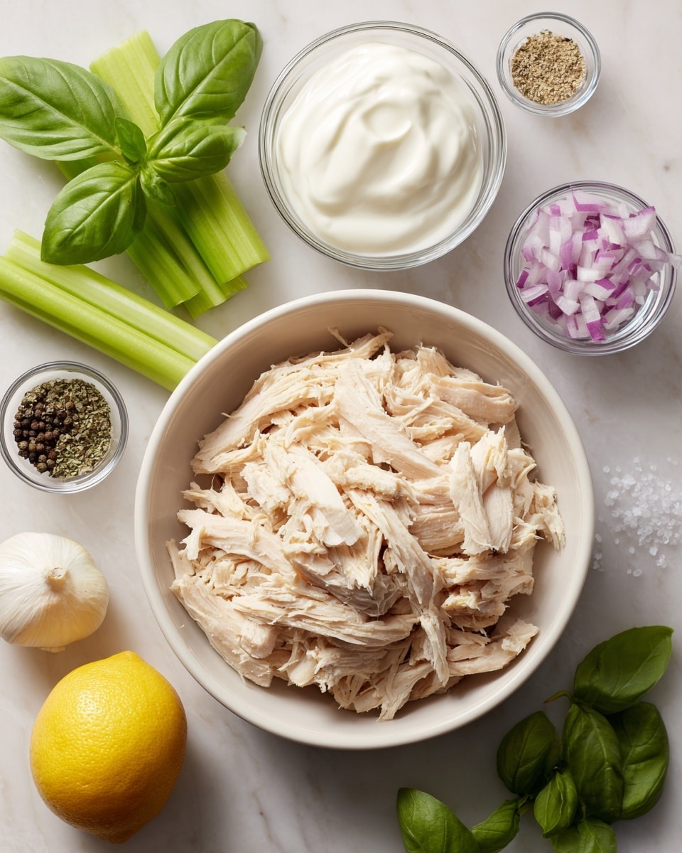 The image shows a white bowl filled with shredded chicken, light beige in color, placed on a white marbled surface. Around it are small clear glass bowls containing ingredients for a recipe: one bowl has white mayonnaise with a creamy texture, another holds thick, plain Greek yogurt also white and smooth, and a third bowl contains finely chopped red onion, pale purple and white. Nearby are whole celery sticks, bright green, whole fresh basil leaves, deep green and glossy, and a whole yellow lemon with a smooth texture. In addition, there is a small garlic clove, a small pile of coarse black pepper, and a small pile of white salt scattered on the surface. All items are neatly arranged with good lighting that highlights the colors and textures. Photo taken with an iphone --ar 4:5 --v 7