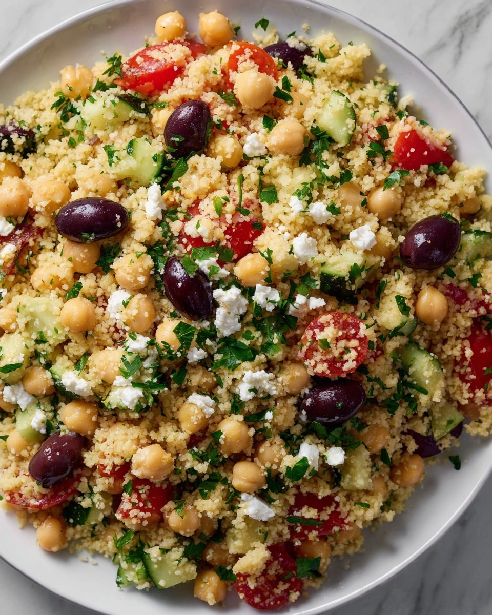 A white plate full of couscous salad is shown on a white marbled surface; the salad has layers of small, pale yellow couscous grains mixed with whole light beige chickpeas scattered evenly on top. There are bright red cherry tomato pieces and small green cucumber chunks spread throughout the dish. Dark purple olives are placed in several spots, adding contrast. Small white crumbles of cheese are spread over the salad, with bits of green parsley leaves sprinkled all over to add freshness and color. The light texture of the couscous fills most of the plate, while the colorful vegetables and toppings sit evenly across it photo taken with an iphone --ar 4:5 --v 7
