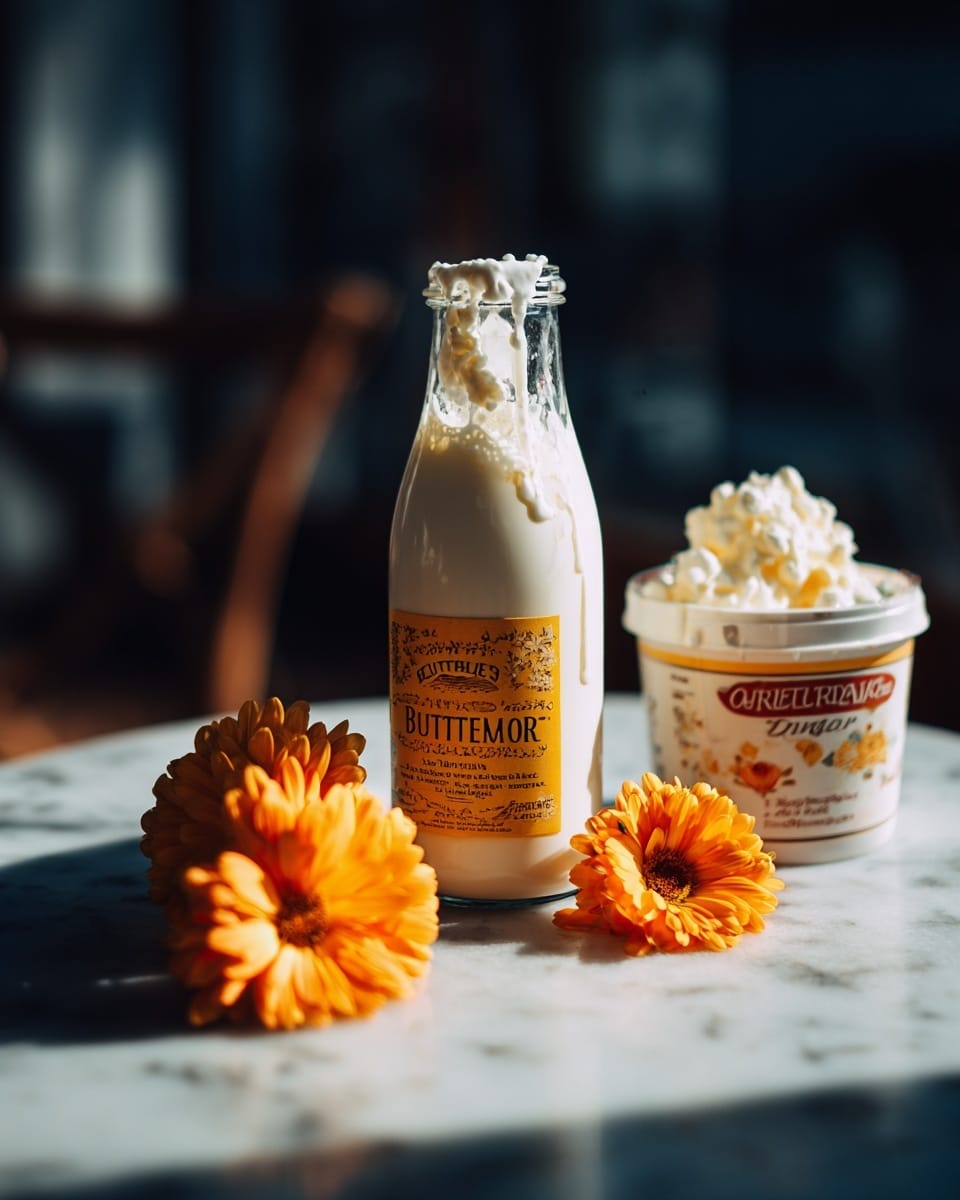 A clear glass bottle filled with thick white buttermilk is centered on a white marbled table, with some buttermilk foam spilling slightly over the top and dripping down the side. The bottle has a yellow label with black and white text. To the right, there is a white container of Greek yogurt with red and brown label accents and white yogurt inside visible from the top. Two orange flowers, one in the foreground and one behind the yogurt container, add a pop of bright color. The whole setup is lit by warm natural light against a dark blurred background. photo taken with an iphone --ar 4:5 --v 7