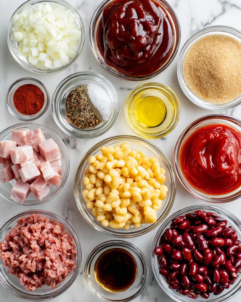 The image shows a white table with nine clear glass bowls, each filled with different cooking ingredients arranged in an organized pattern. At the top left, a bowl holds small chopped pieces of white onion, followed by a bowl of light brown granulated brown sugar to its right. Next is a bowl with thick dark red barbecue sauce, and on the far right, a bowl with bright red ketchup. Below the top row, from left to right, there is a bowl with small light pink square bacon pieces, a jar with a small amount of black pepper, a tiny bowl of yellow mustard, a small bowl with dark brown liquid molasses, and a small bowl holding ground chili powder. The third row contains a bowl filled with red ground beef on the left, a bowl with golden cubes of butter beans at the center, and a bowl with deep red kidney beans on the right. Finally, at the bottom center is a larger bowl filled with a mix of pork and beans in a thick reddish sauce. All bowls sit on a white marbled surface. The photo taken with an iphone --ar 4:5 --v 7