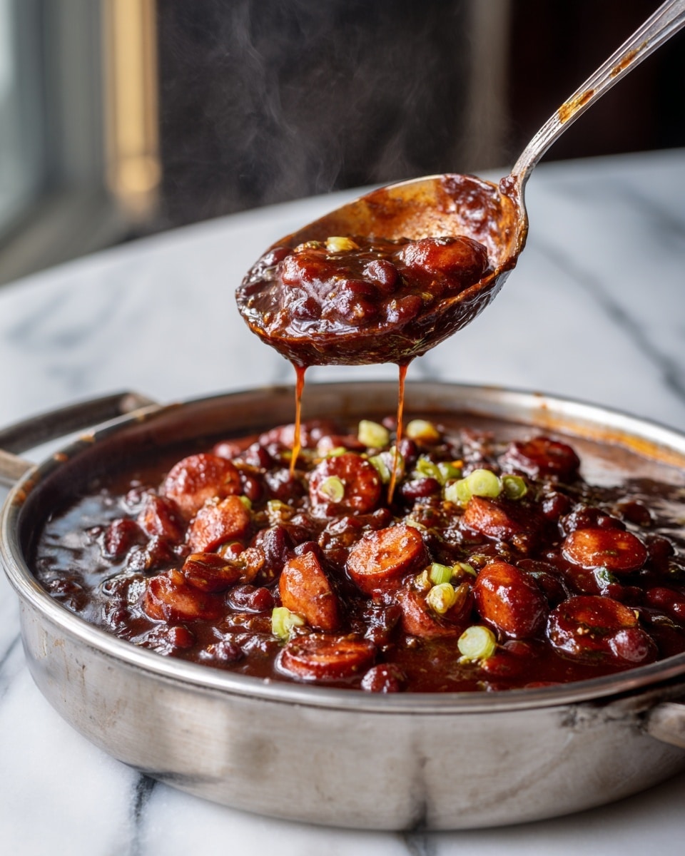 A white bowl filled with baked beans that look soft and shiny, mixed with small pieces of browned meat. The beans are dark brown, glistening in a thick sauce. A wooden spoon with a woman's hand holding it is stirring the beans inside the bowl. The bowl sits on a wooden table with a white marbled surface around it, and a red cloth with white stripes is partially visible in the background. A bottle of barbecue sauce is seen blurred in the background near a window. Photo taken with an iphone --ar 4:5 --v 7