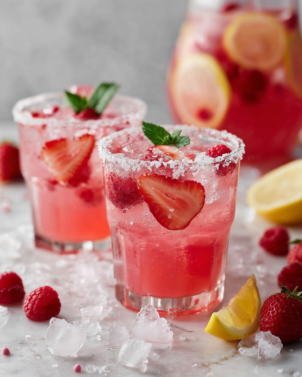 Two clear glasses filled with pink drink and ice cubes are shown, each glass has thin slices of red strawberries and whole red raspberries inside. The rims of the glasses are coated with white sugar, and one glass is garnished with a small green mint leaf on top. The drinks are set on a white marbled surface with scattered ice cubes and raspberries around, along with two lemon wedges in the front. In the background, a glass pitcher holds more of the same pink drink with floating yellow lemon slices, red strawberries, and raspberries. Photo taken with an iphone --ar 4:5 --v 7