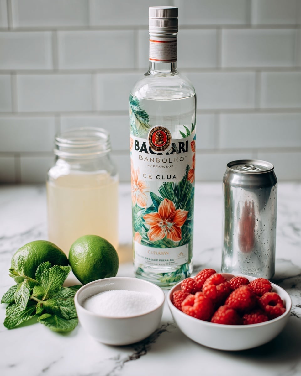 The image shows all the ingredients for a cocktail laid out on a white marbled surface. In the center, there is a tall clear bottle of Bacardi Carta Blanca white rum with green and orange floral designs on the label. To its left, there is a small glass jar filled with pale yellow lime juice, and below it a fresh green lime and a small bunch of green mint leaves. In front and slightly right, there is a small white bowl filled with white sugar. To the right of the bottle, a slender silver can of club soda is placed, and in front of it, a small white bowl holds several bright red raspberries. The background is a white brick wall, and text labels point to each ingredient. Photo taken with an iphone --ar 4:5 --v 7