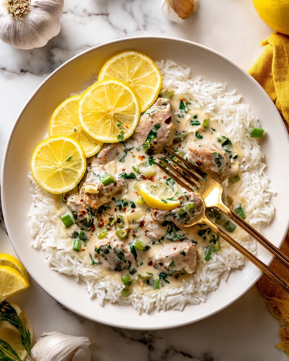 A white plate holds one main layer of white rice spread around the edge, topped with a creamy sauce mixed with chopped green herbs and small green vegetable pieces, covering chunks of light-colored cooked meat beneath. Three lemon slices sit on top, their bright yellow color contrasting with the sauce. Two gold forks are placed inside the dish, partially lifting some of the rice and sauce. The background is a white marbled surface with some garlic bulbs and a yellow cloth nearby. Photo taken with an iphone --ar 4:5 --v 7
