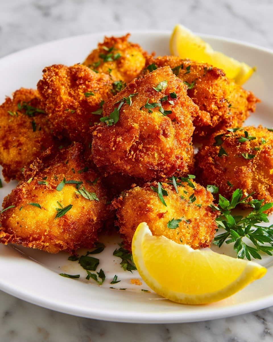 The image shows a white plate with seven pieces of golden brown crispy fried food, each piece coated with a crunchy, crumb texture. The pieces are arranged closely together, with small green herb leaves scattered on top for color contrast. In the front of the plate, there is a bright yellow lemon slice with visible juice segments, adding a fresh look. A small bunch of green herbs rests on the right side of the plate. The plate sits on a white marbled surface. photo taken with an iphone --ar 4:5 --v 7