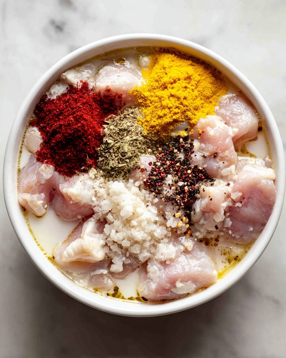 A white bowl filled with raw pink chicken pieces mixed with white liquid and various spices placed on top in small piles: bright yellow powder, dark red powder, white granules, black pepper, and minced garlic. The chicken pieces are uneven in size and spread evenly inside the bowl, sitting on a white marbled surface. photo taken with an iphone --ar 4:5 --v 7