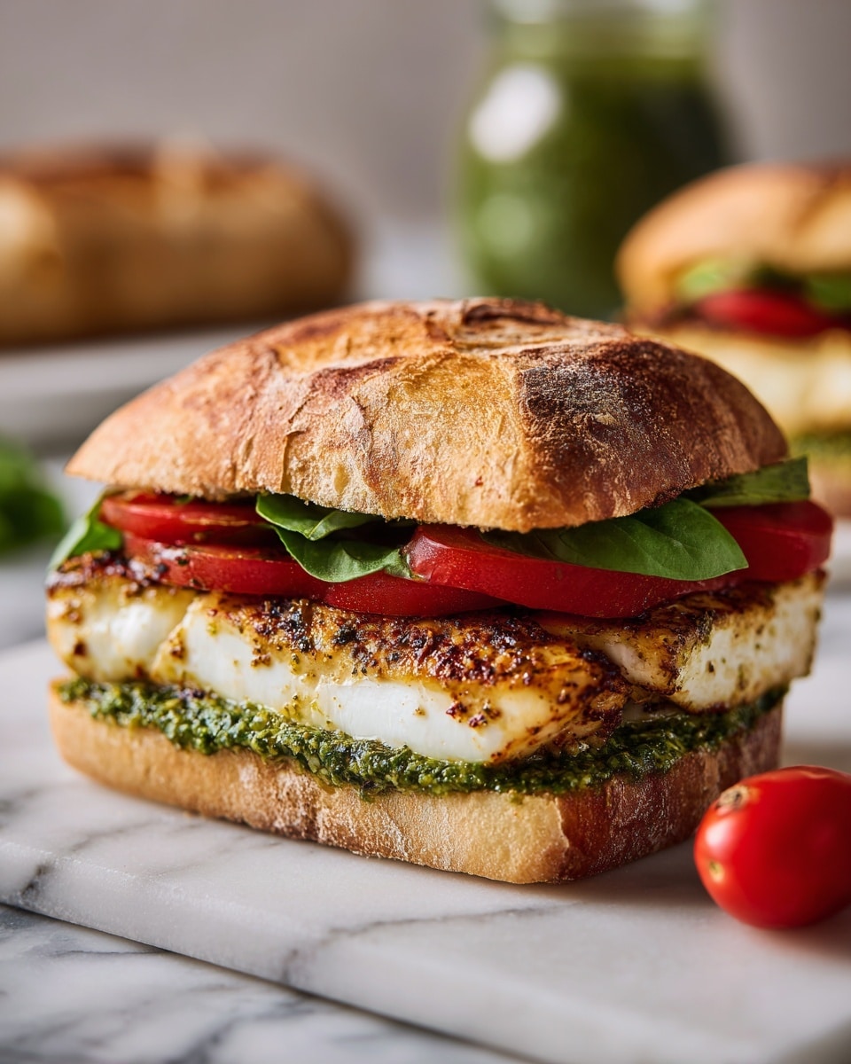 The image shows a sandwich with four clear layers on a white marbled surface; the bottom layer is a lightly toasted ciabatta roll with a golden crust, topped by a grilled seasoned chicken fillet with a brown and herb-speckled texture, followed by a thick slice of red tomato, then a layer of smooth white mozzarella cheese, and finally a spread of textured green pesto sauce under the top half of the ciabatta roll, which is also toasted to a golden brown. A small red tomato lies beside the sandwich, and part of a second sandwich and a jar with green contents are visible in the blurred background. Photo taken with an iphone --ar 4:5 --v 7