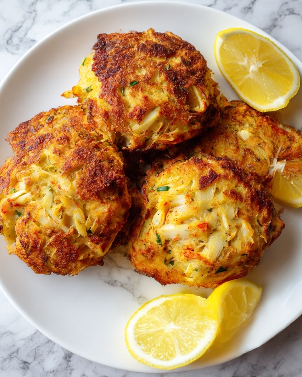 The image shows several golden brown crab cakes with a crispy textured top layer filled with small green and red bits, arranged closely on a white plate. The crab cakes have a warm, slightly uneven surface with some darker charred spots, and fresh green herbs are sprinkled on top. On the right side of the plate, two bright yellow lemon wedges rest, adding a fresh pop of color against the white plate. The background features a white marbled texture. photo taken with an iphone --ar 4:5 --v 7