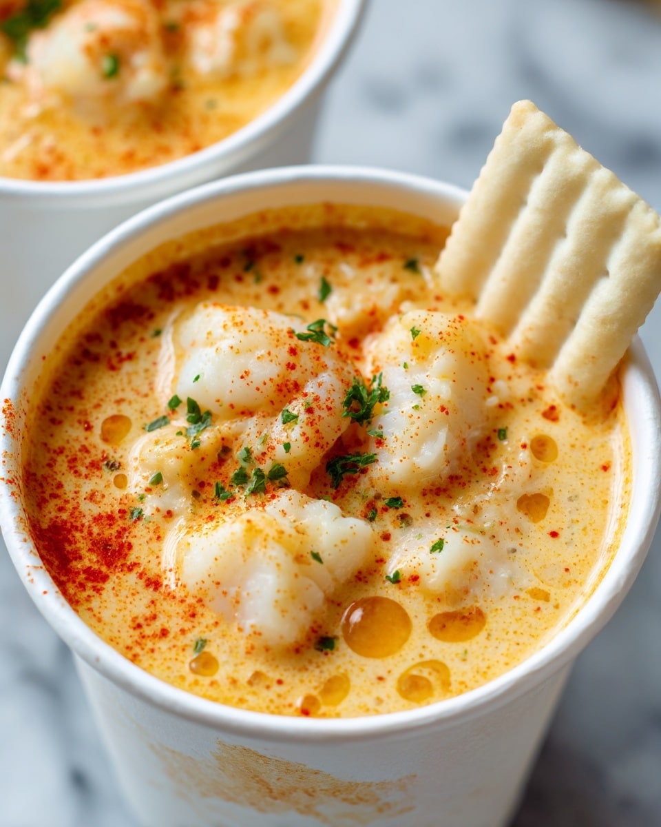 A white paper cup filled with creamy orange-tinted soup, with large, soft white chunks of fish immersed in the liquid. The soup surface has small orange oil droplets and is sprinkled with small green herb pieces. On the rim inside the cup, there is a section of ridged plain cracker standing up, partly dipped in the soup. The cup sits on a white marbled surface, and the photo is zoomed close on the cup's top view. Photo taken with an iphone --ar 4:5 --v 7